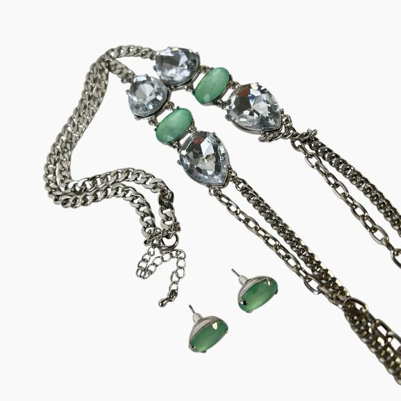 Fashion Necklace Earrings Set Large Clear And Frosted Green Stones Silver Tone - Picture 1 of 10